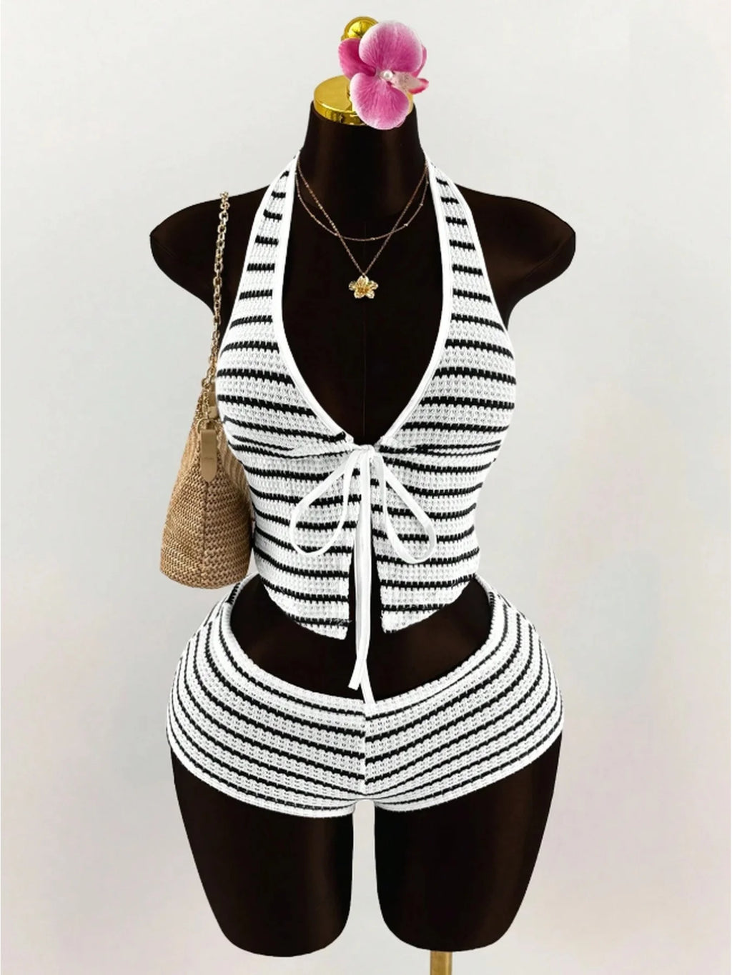 Women's Color-Block Halter Top and Shorts Set