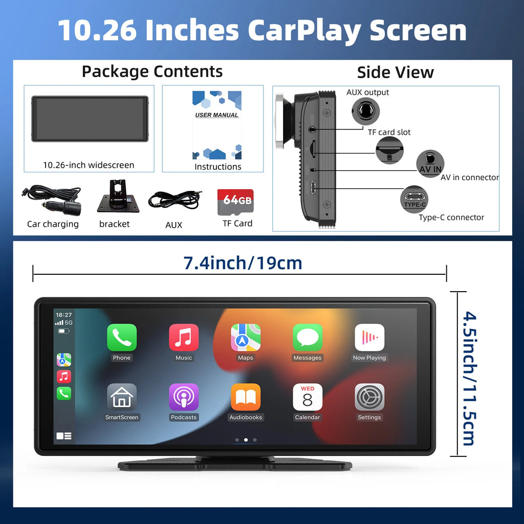 10.26-Inch Portable CarPlay and Android Auto Screen