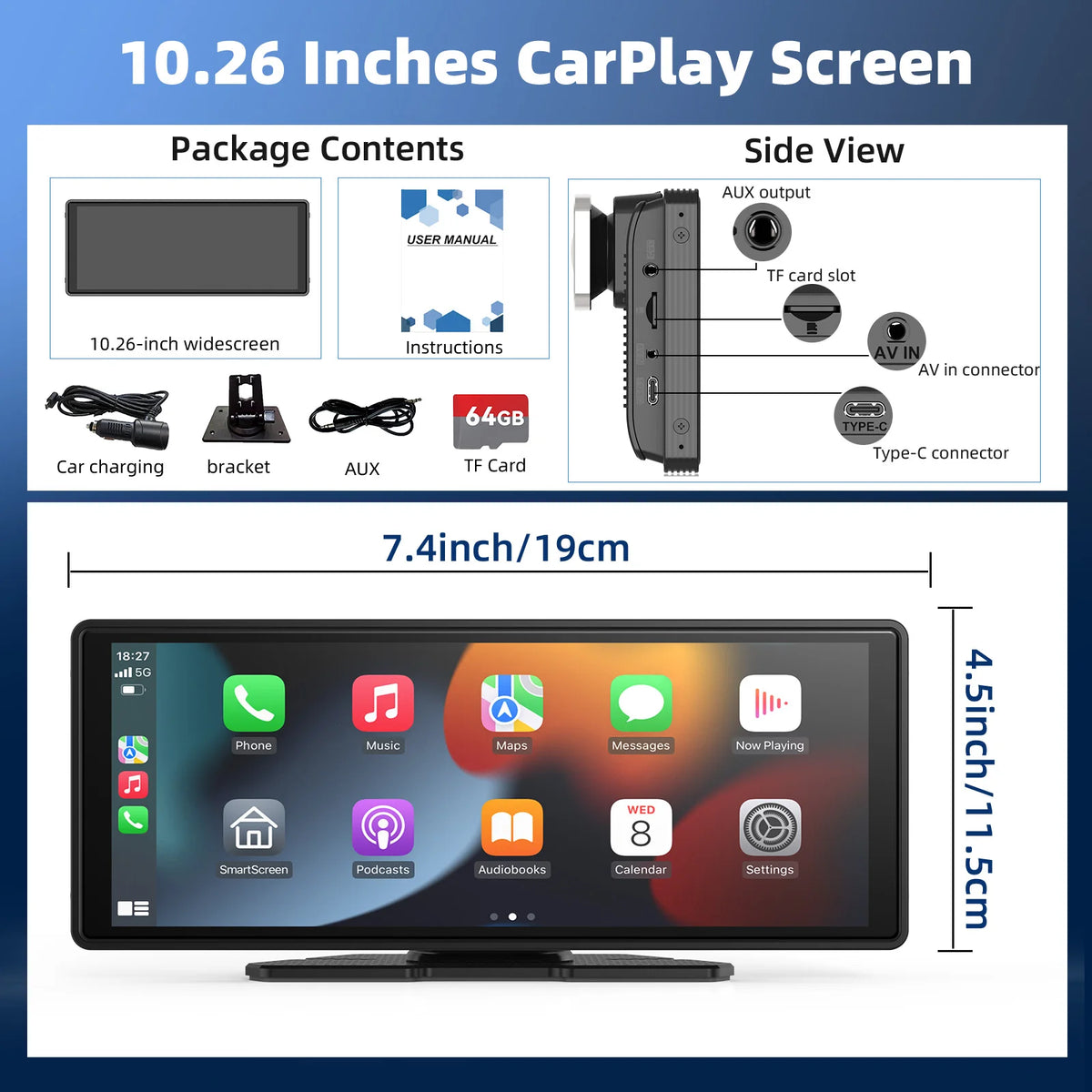 10.26-Inch Portable CarPlay and Android Auto Screen