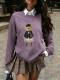 Women's Preppy Teddy Bear Print Sweater, Crew Neck Knit Pullover for Fall Winter (Only the Top Is Sold Separately) Dsers