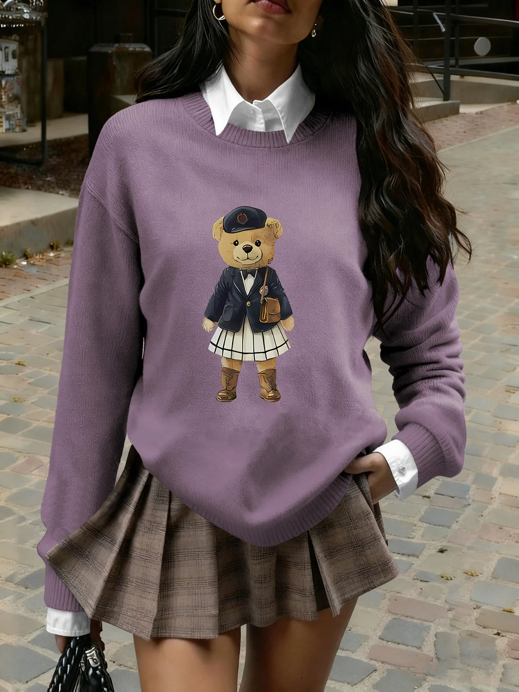 Women's Preppy Teddy Bear Print Sweater, Crew Neck Knit Pullover for Fall Winter (Only the Top Is Sold Separately) Dsers