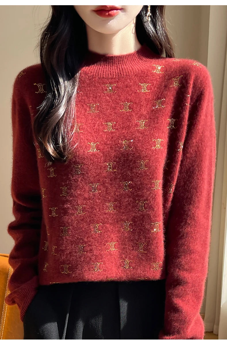 Women Fine Wool Thickening Sweater Half-high Collar Leaf studded With Diamonds Pullover Female Knitted Basis Tops Autumn Winter Dsers