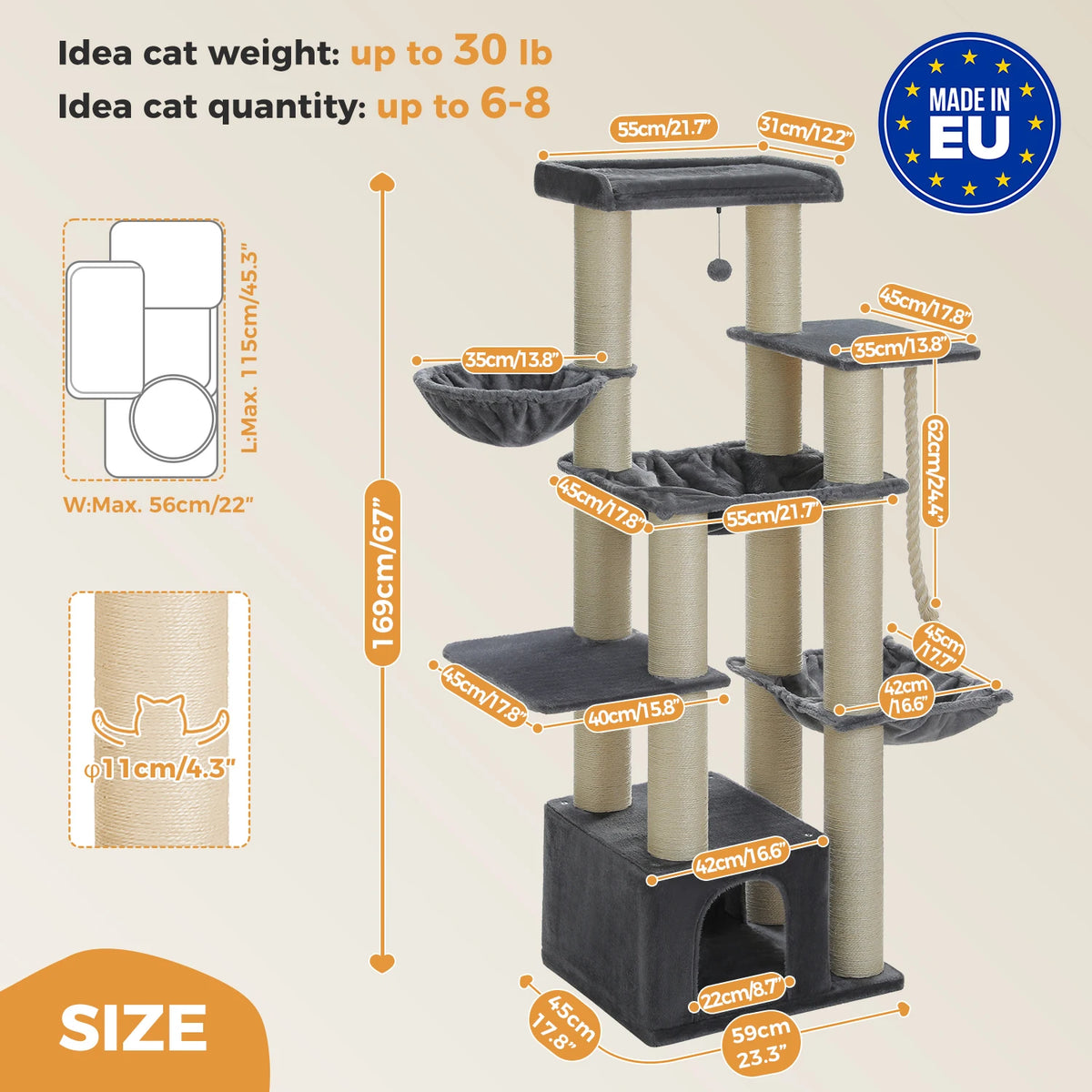 Large Cat Tree for Big Cats Robust Cat Tower with Several Levels Cat House Climbing Tree with Hammock 11 Sisal Posts Large Perch Whispering Desires Shoppe