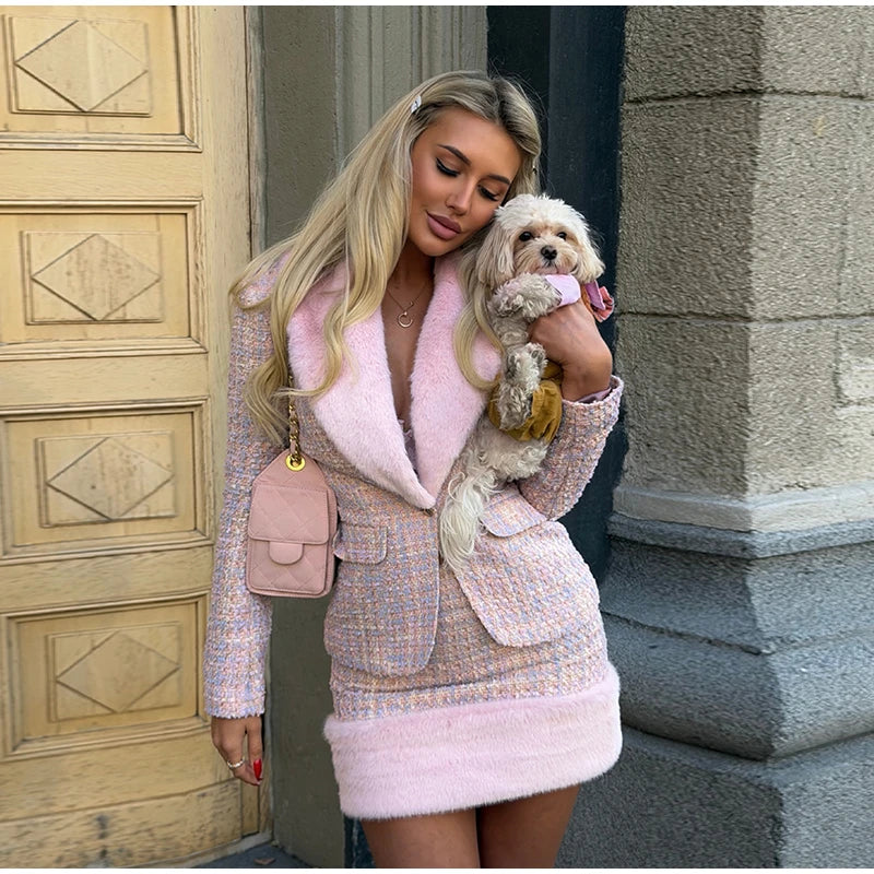Women's Faux-Fur-Trim Blazer and Mini Skirt Set