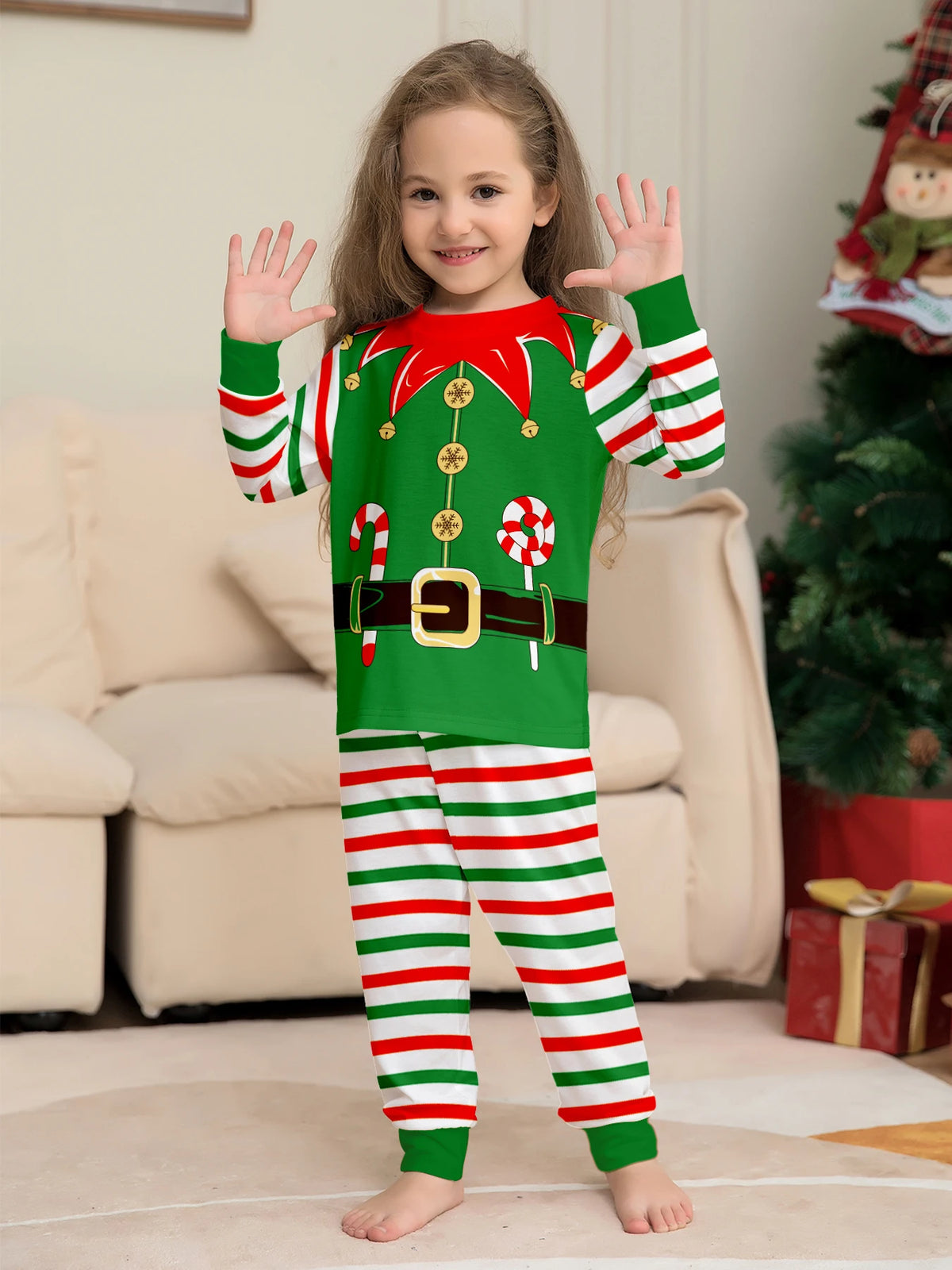 Green Elf Stripe Family Christmas Pajamas