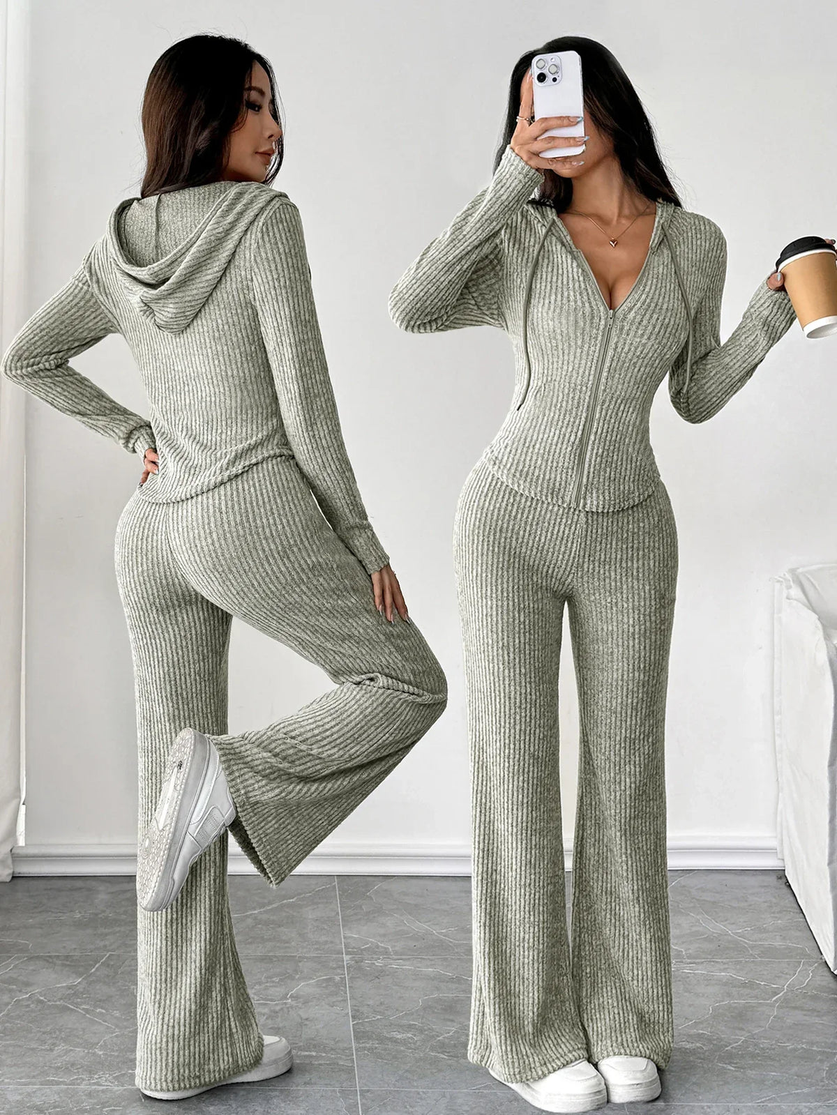 Zip-Up Hooded Top & Flared Pants Set