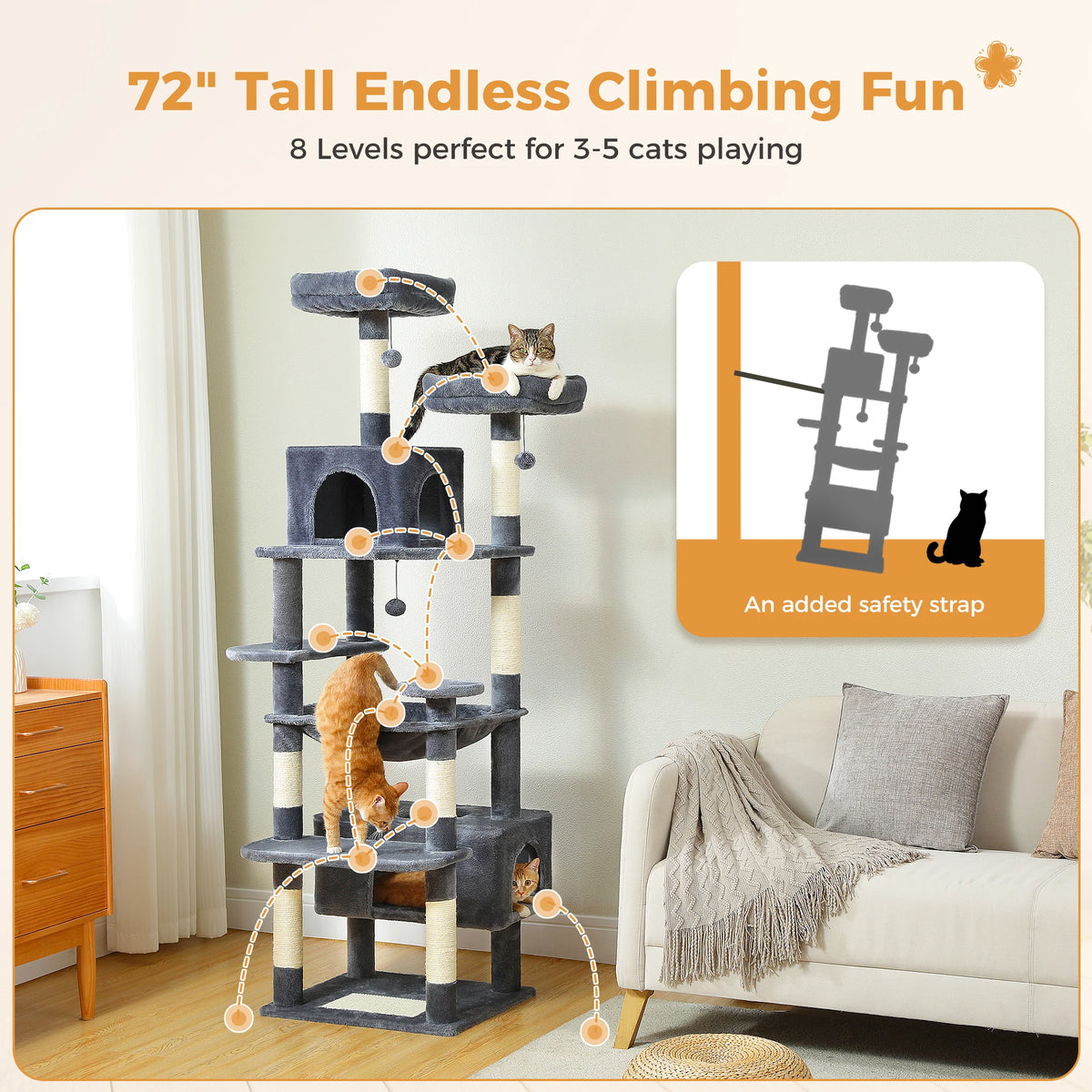 184cm Cat Tree with Hammock, Condo & Scratching Posts