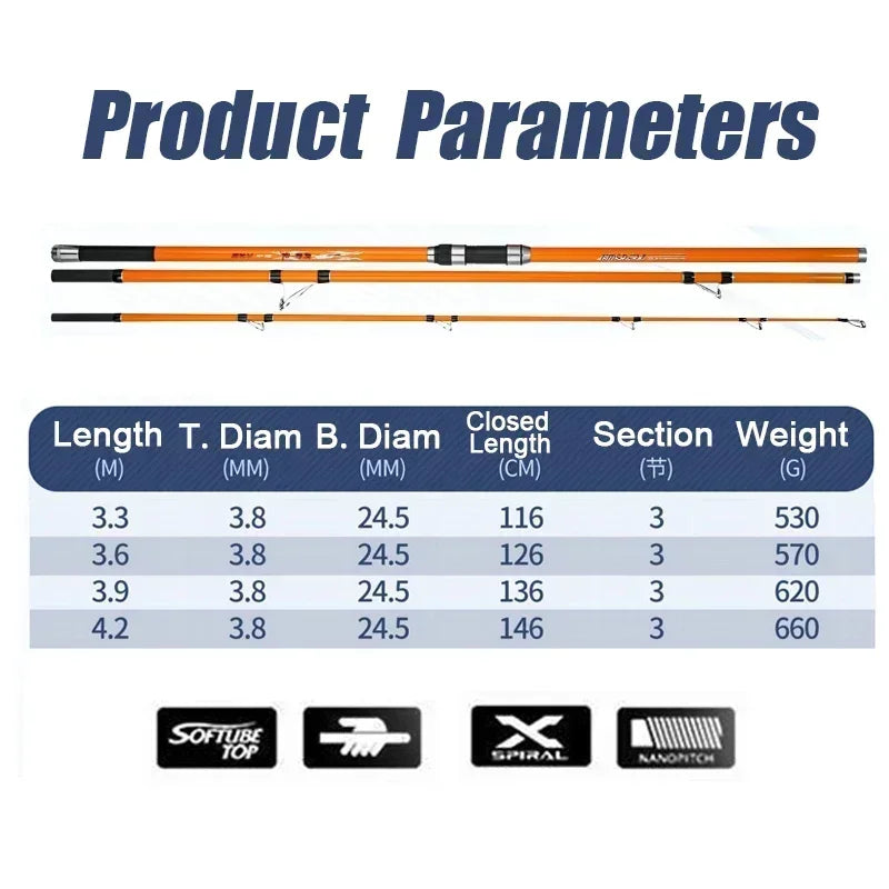 Three-Piece Carbon Surf Rod — 3.3–4.2 m