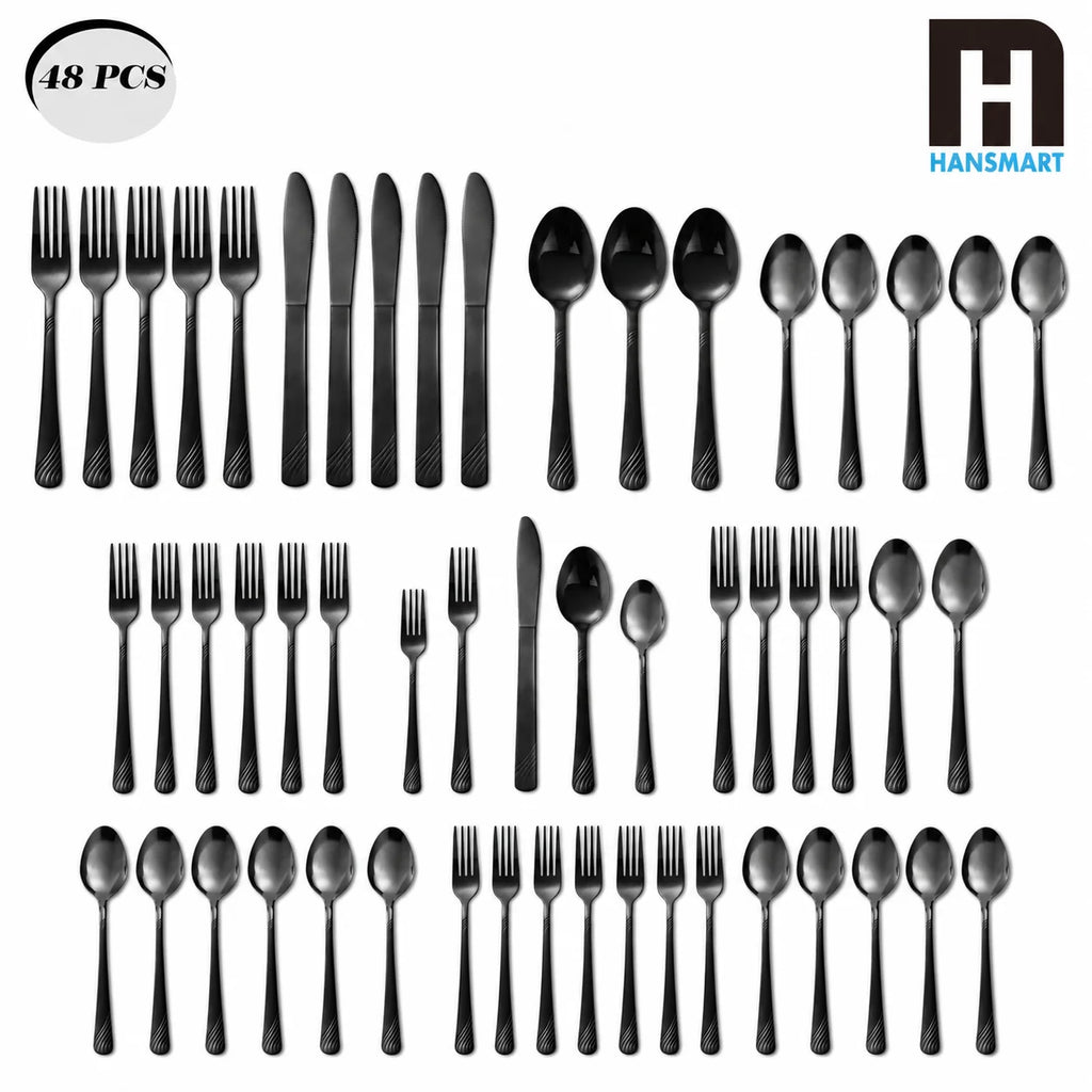 HANSMART Black Stainless Steel Flatware, 48 Pieces