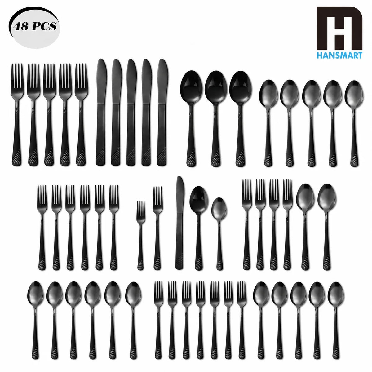 HANSMART Black Stainless Steel Flatware, 48 Pieces