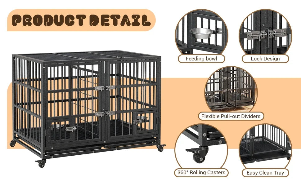 42" Metal Dog Crate with Wheels & Removable Tray