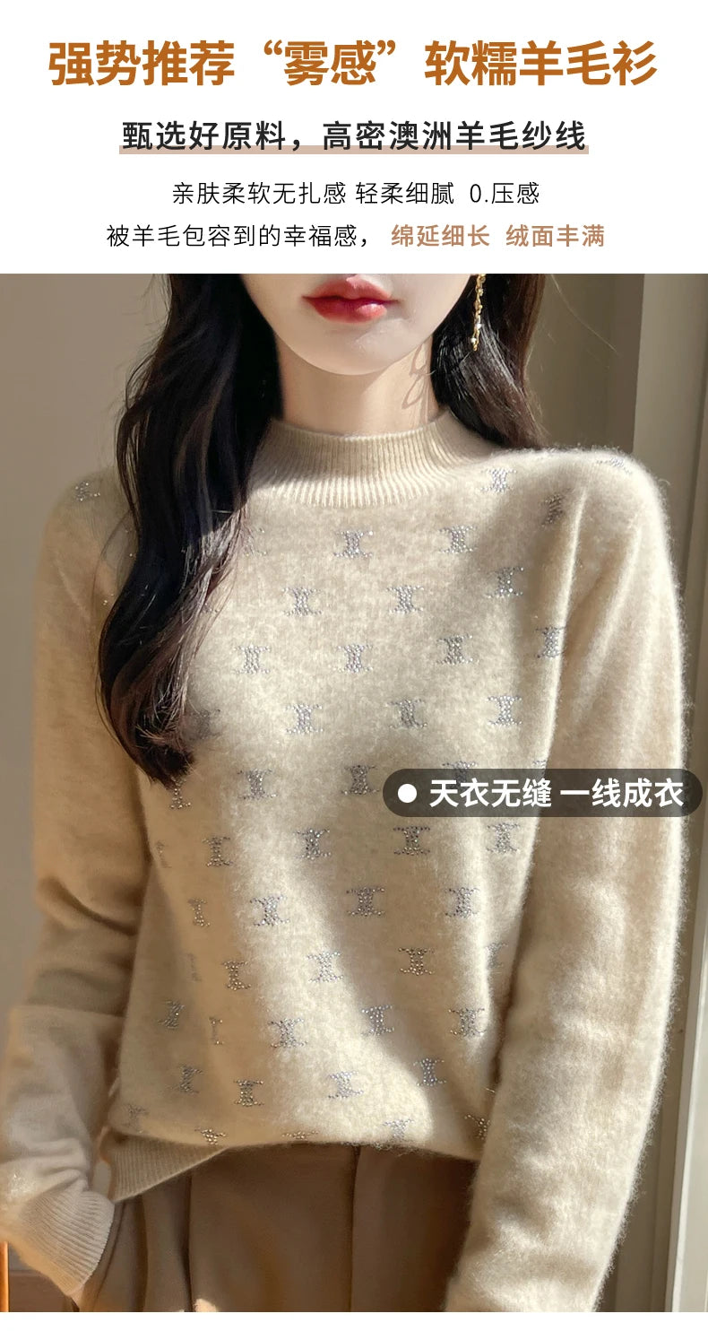 Women Fine Wool Thickening Sweater Half-high Collar Leaf studded With Diamonds Pullover Female Knitted Basis Tops Autumn Winter Dsers