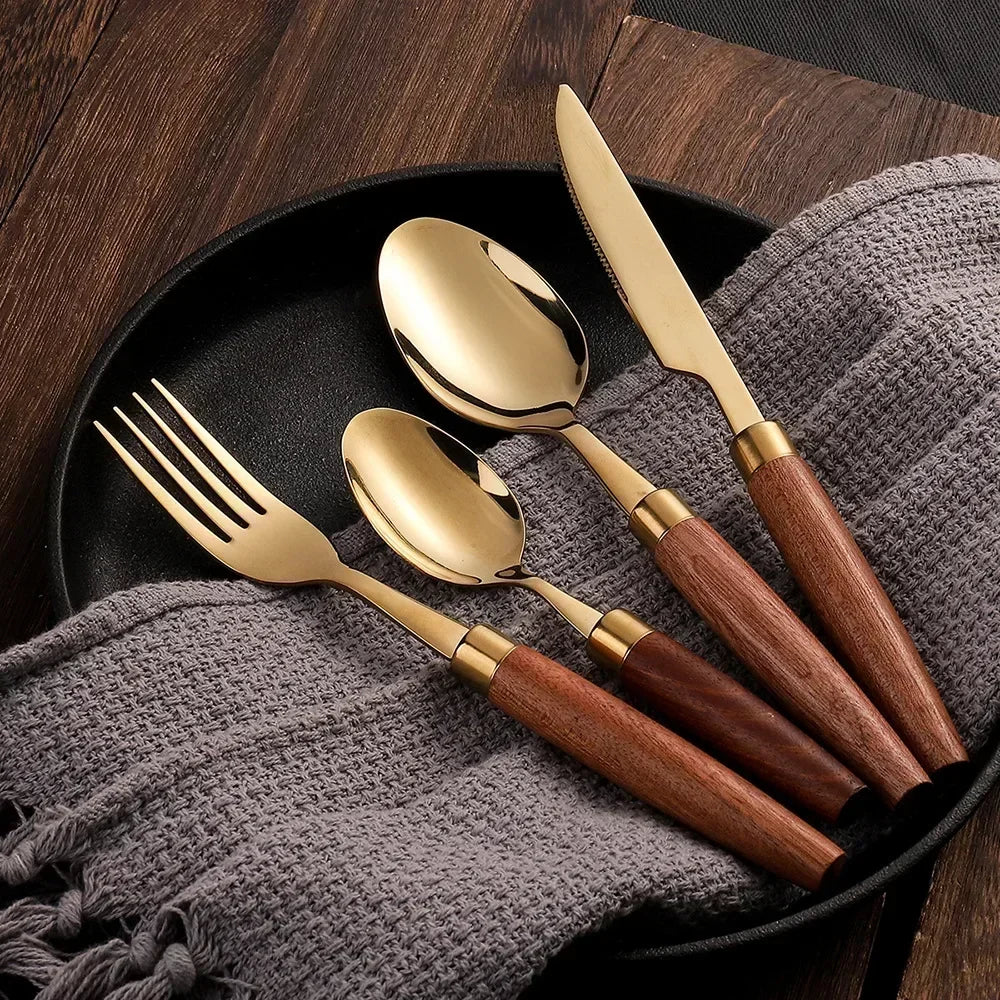 Wood-Handle Stainless Steel Flatware — 4 Pieces