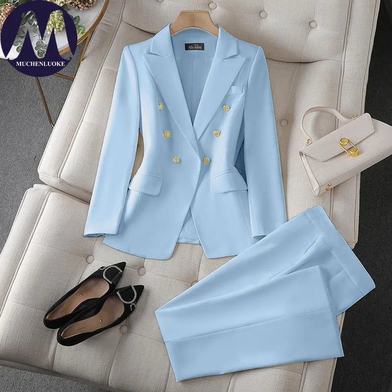 Women's Double-Breasted Blazer and Wide-Leg Pants Set