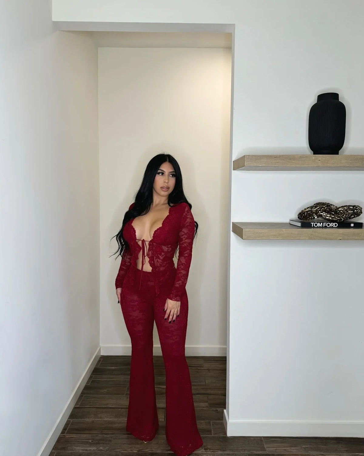 Sheer Lace Long-Sleeve Top & Flared Pants Set