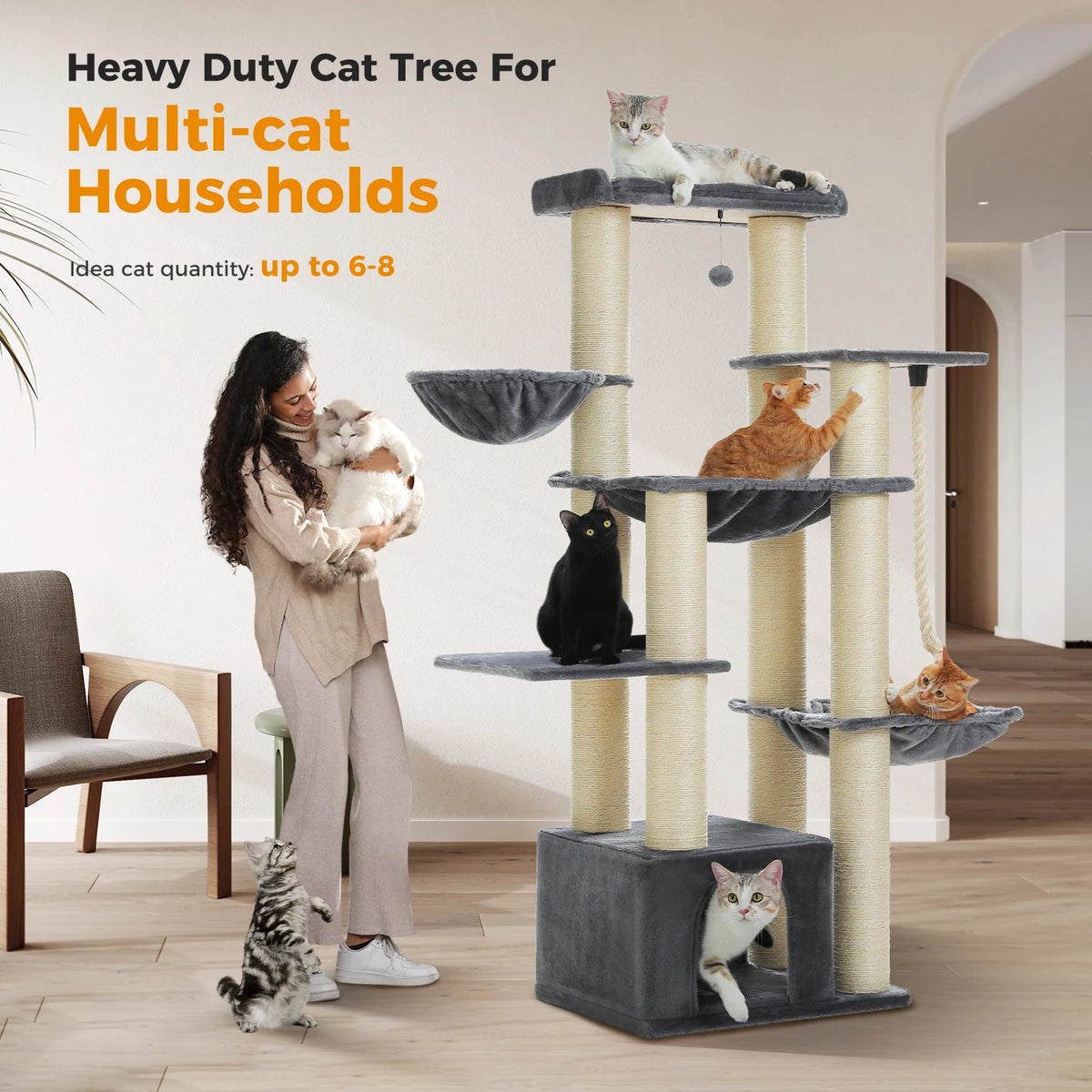 Large Cat Tree for Big Cats Robust Cat Tower with Several Levels Cat House Climbing Tree with Hammock 11 Sisal Posts Large Perch Whispering Desires Shoppe