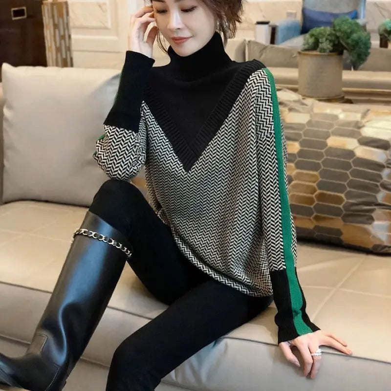 Women's Contrast-Color High-Neck Sweater