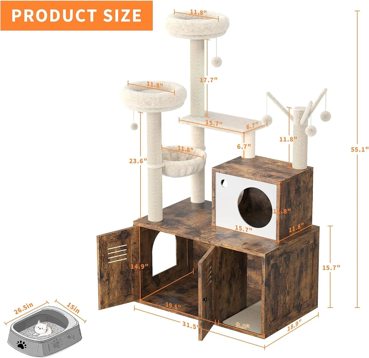 Cat Tower with Litter Box Enclosure, 2-in-1 Modern Cat Tree, 55.1-Inch Cat Condo with Scratching Posts, Hidden Litter Cabinet, Hammock & Perches, Engineered Wood, Indoor Use Whispering Desires Shoppe