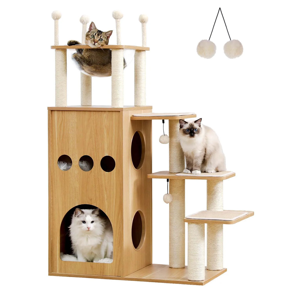 Multi-Level Wooden Cat Tree with Condo & Hammock