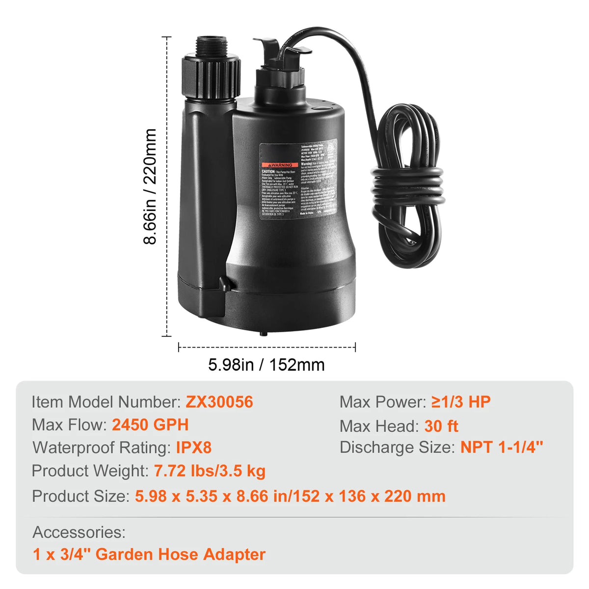 SucceBuy 1/3 HP 2450 GPH Submersible Utility Pump