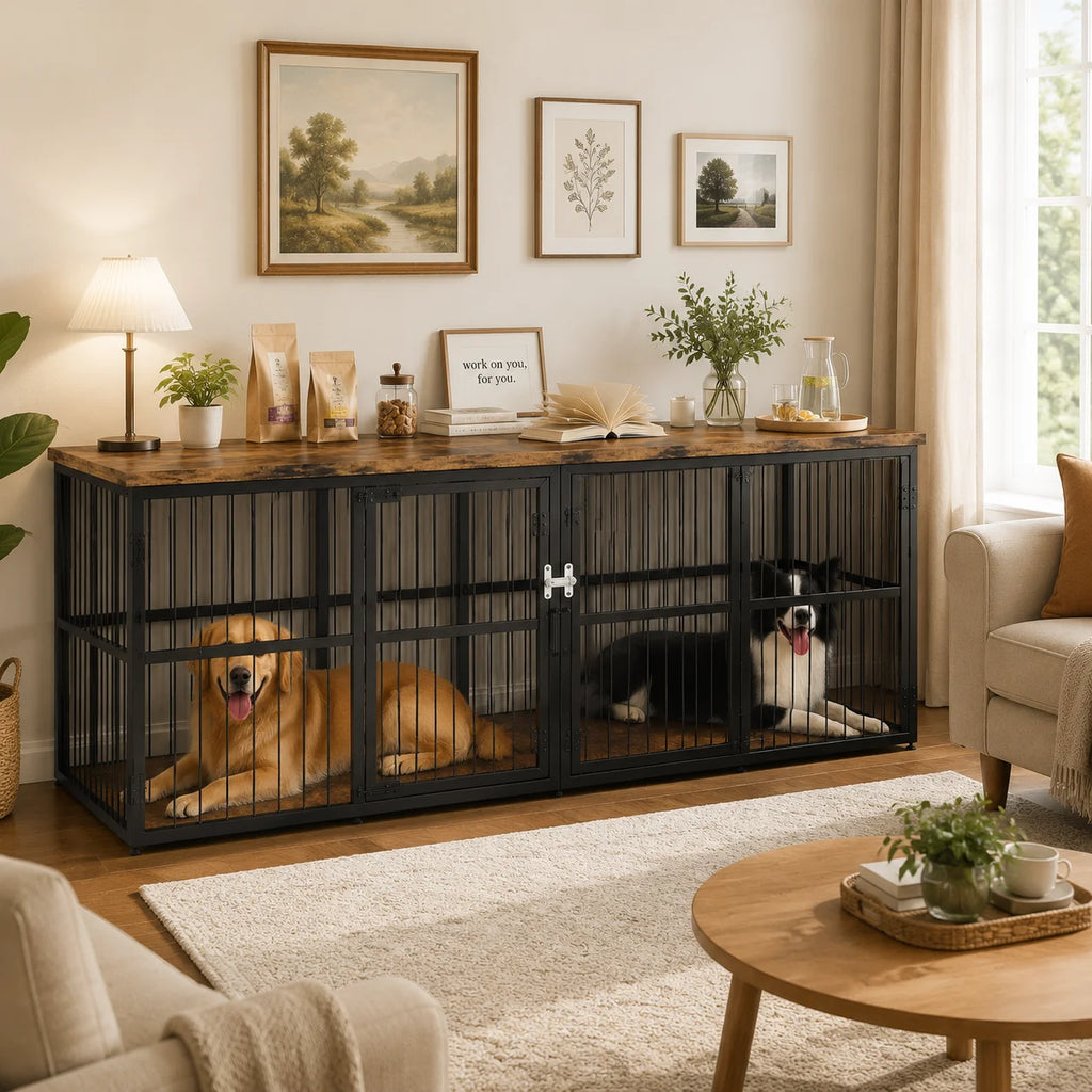 87 Inch Extra Large Double Dog Crate Furniture with Divider 3 Doors Heavy Duty Wooden Indoor Dog Kennel Cabinet TV Stand for 2 Dogs Lockable Pet House with Storage Table Whispering Desires Shoppe