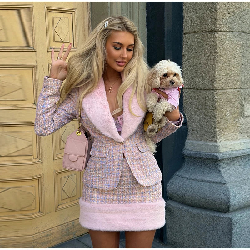 Women's Faux-Fur-Trim Blazer and Mini Skirt Set