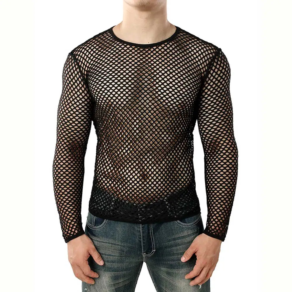 Mens Transparent Sexy Mesh T Shirt  New See Through  Fishnet Long Sleeve Muscle Undershirts Nightclub Party Perform Top Tees Whispering Desires Shoppe