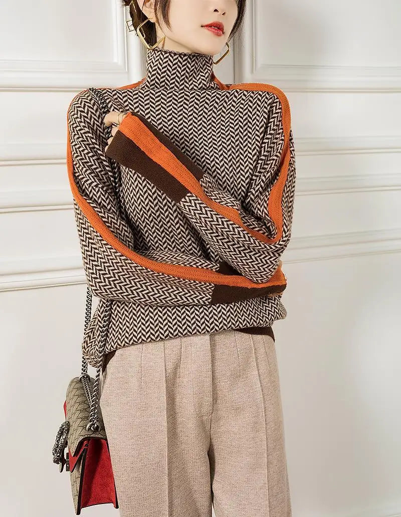 Women's Contrast-Color High-Neck Sweater