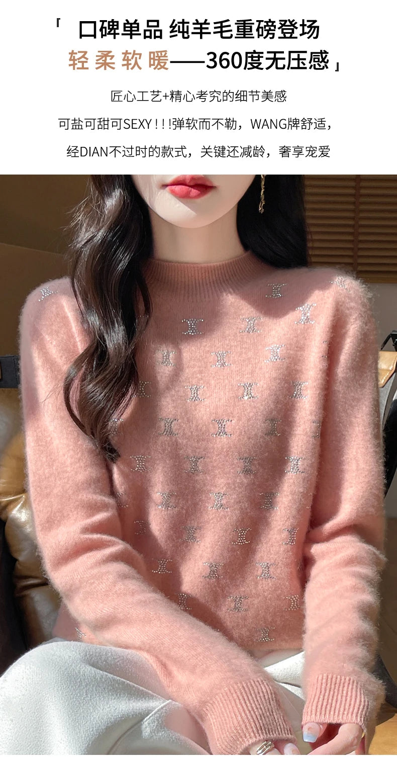 Women Fine Wool Thickening Sweater Half-high Collar Leaf studded With Diamonds Pullover Female Knitted Basis Tops Autumn Winter Dsers