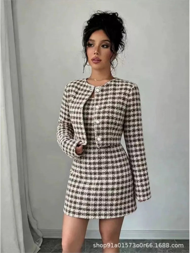 Women's Plaid Cropped Jacket and Corset-Style Dress Set
