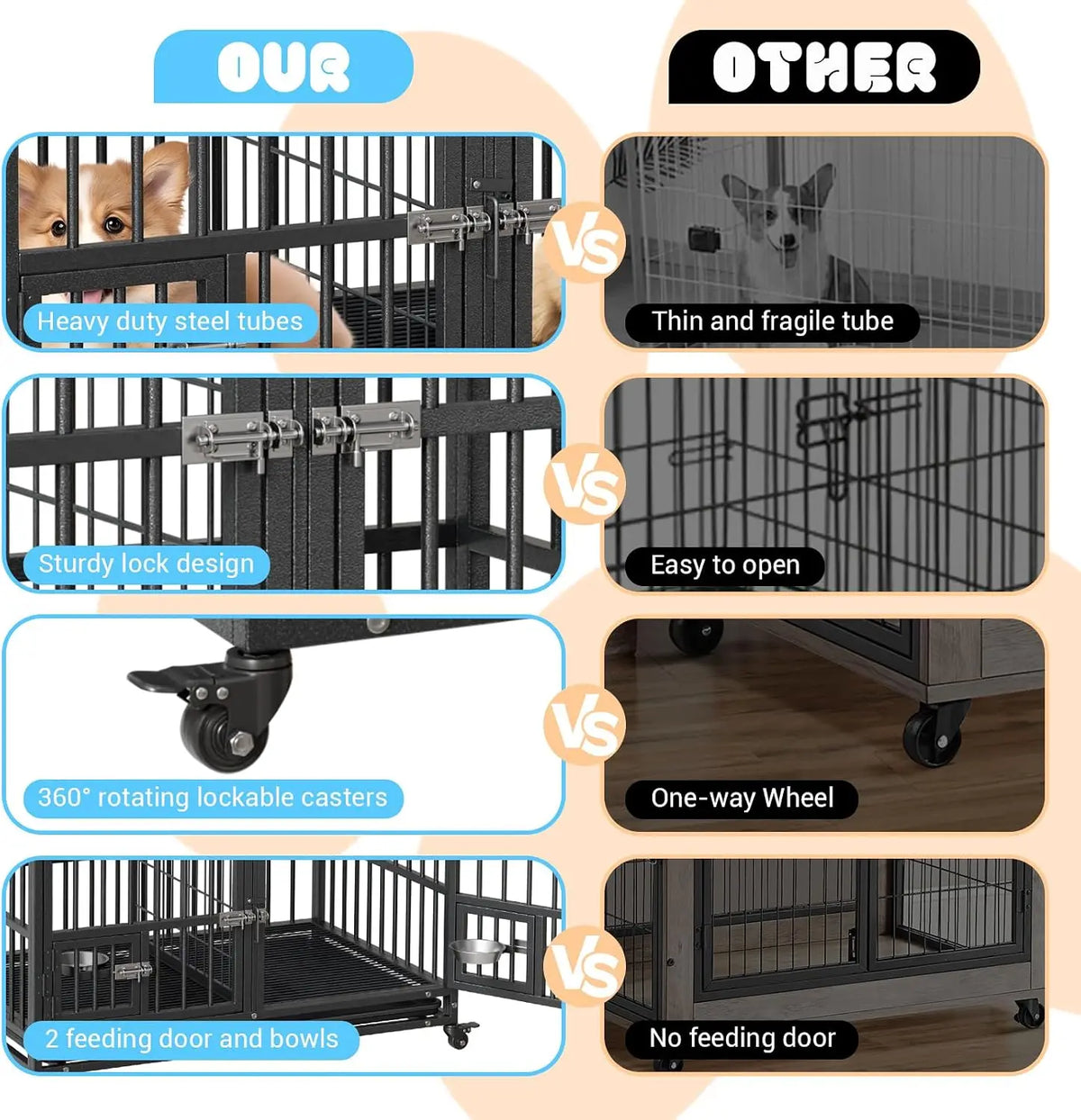 42" Metal Dog Crate with Wheels & Removable Tray
