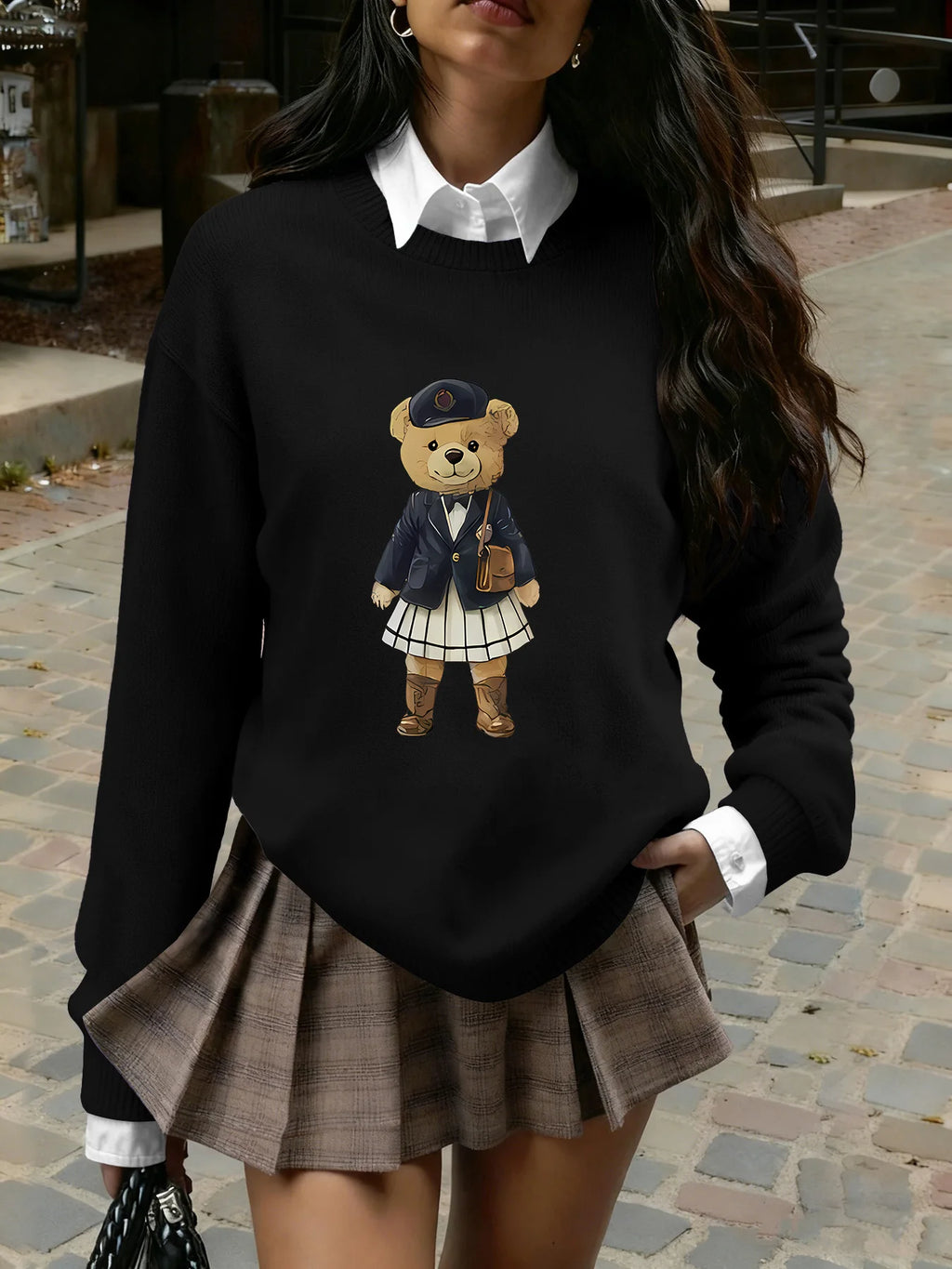 Women's Preppy Teddy Bear Print Sweater, Crew Neck Knit Pullover for Fall Winter (Only the Top Is Sold Separately) Dsers