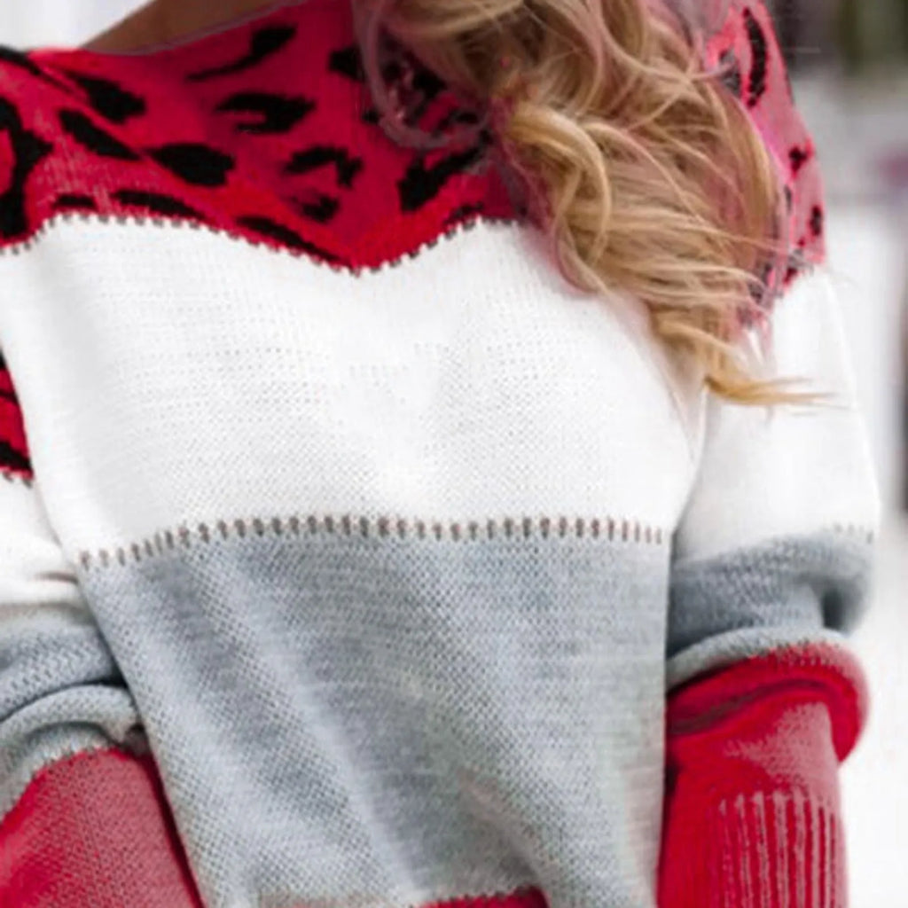 Women Sweaters Contrast Leopard Color Pullovers Loose Autumn Winter Long Sleeve Sweater Jumper Pull Femme Knitwear Oversized Dsers