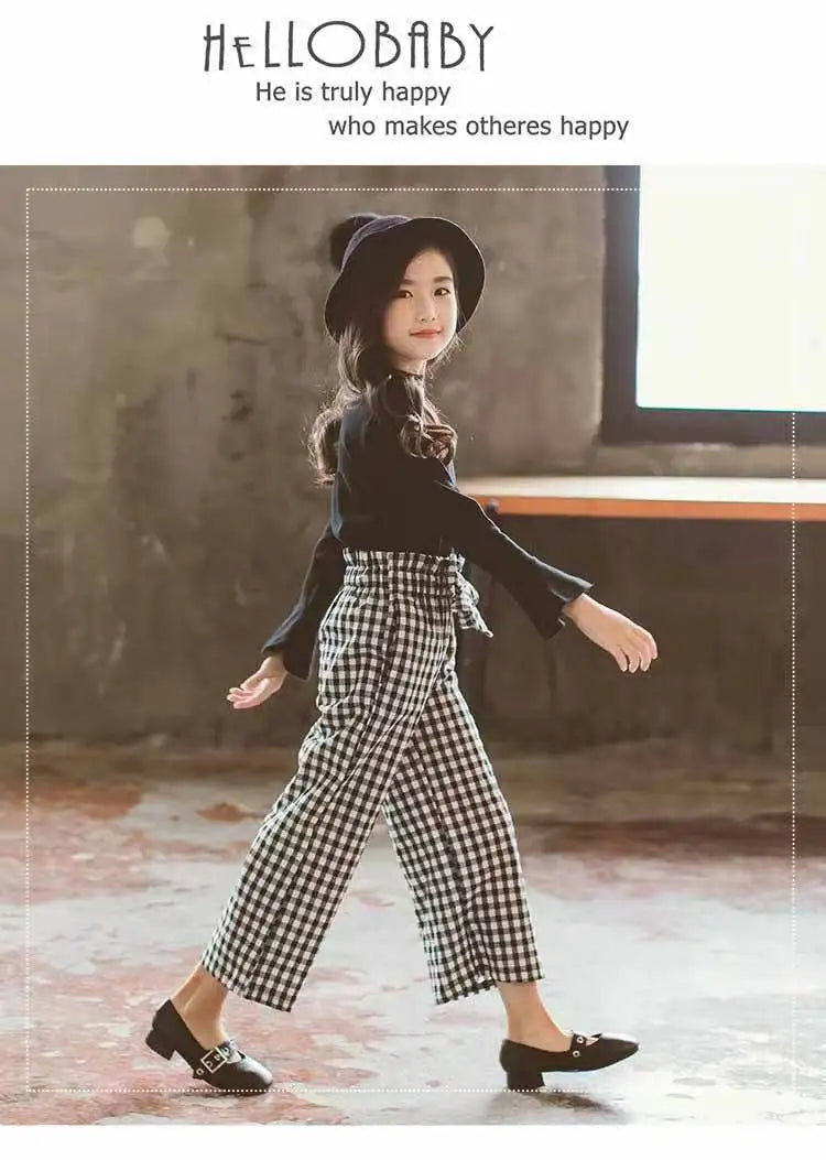 Girls' Plaid Wide-Leg Pants & Long-Sleeve Top Set