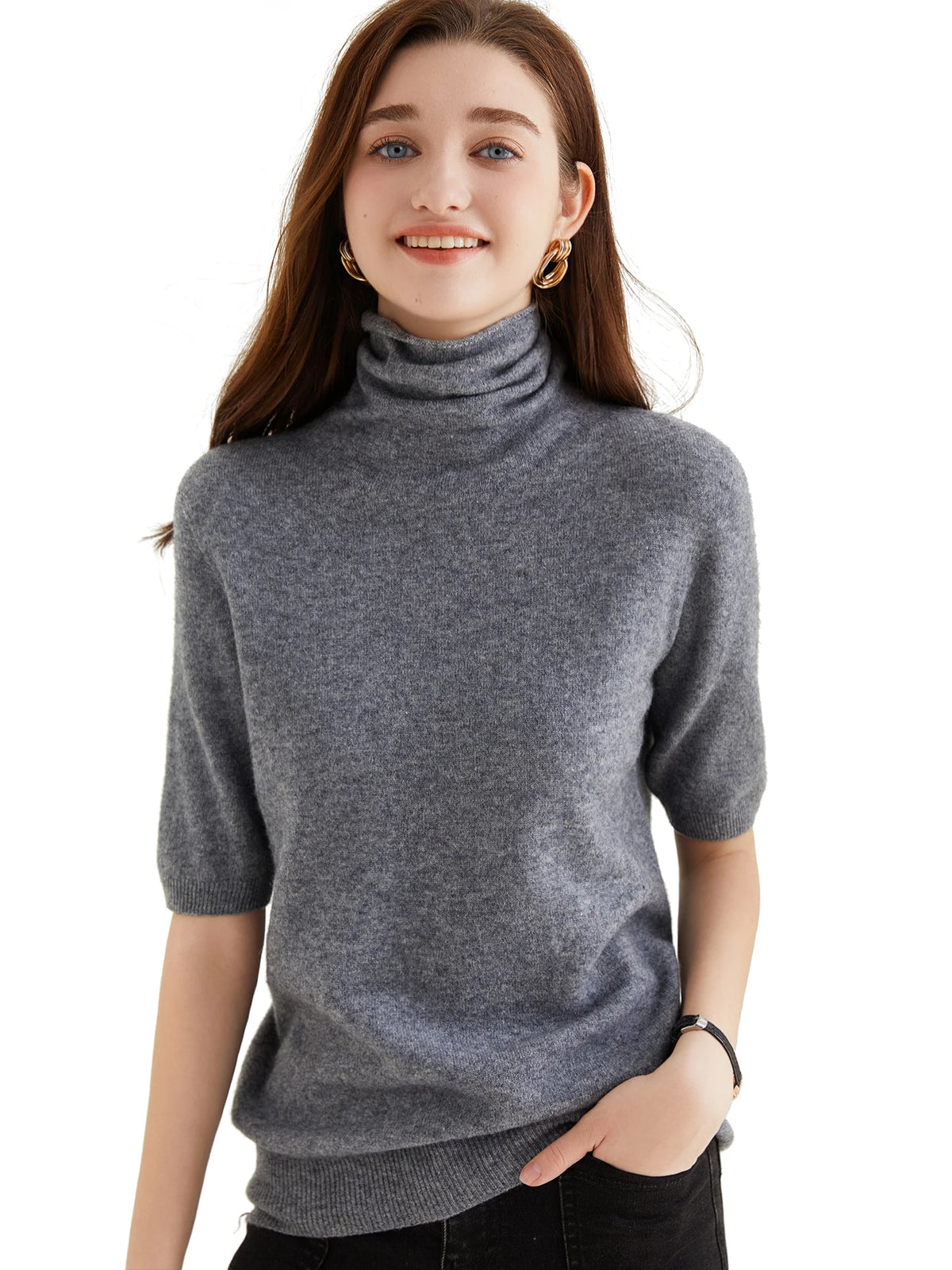 Women's Knit Tops Short Sleeve Fashion Women Sweaters New 100% Merino Wool Knitwears Vintage Sweater Turtleneck Pullover Clothes Dsers