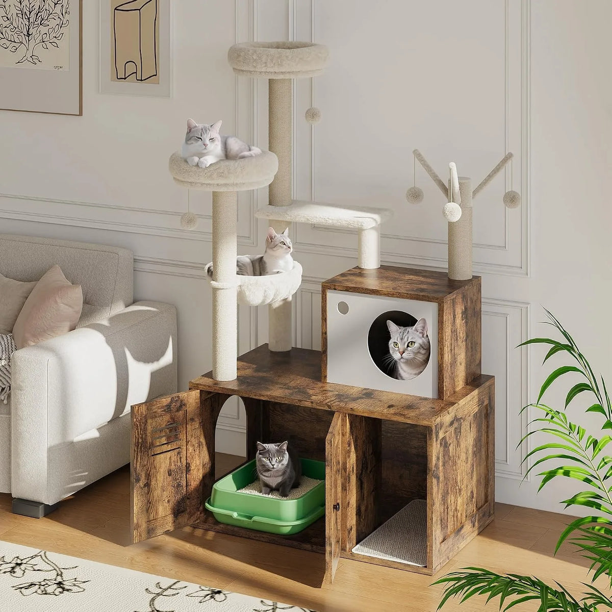 Cat Tower with Litter Box Enclosure, 2-in-1 Modern Cat Tree, 55.1-Inch Cat Condo with Scratching Posts, Hidden Litter Cabinet, Hammock & Perches, Engineered Wood, Indoor Use Whispering Desires Shoppe