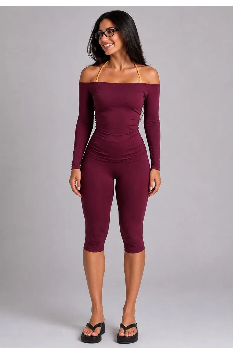 Women's Slash-Neck Top and Cropped Pants Set