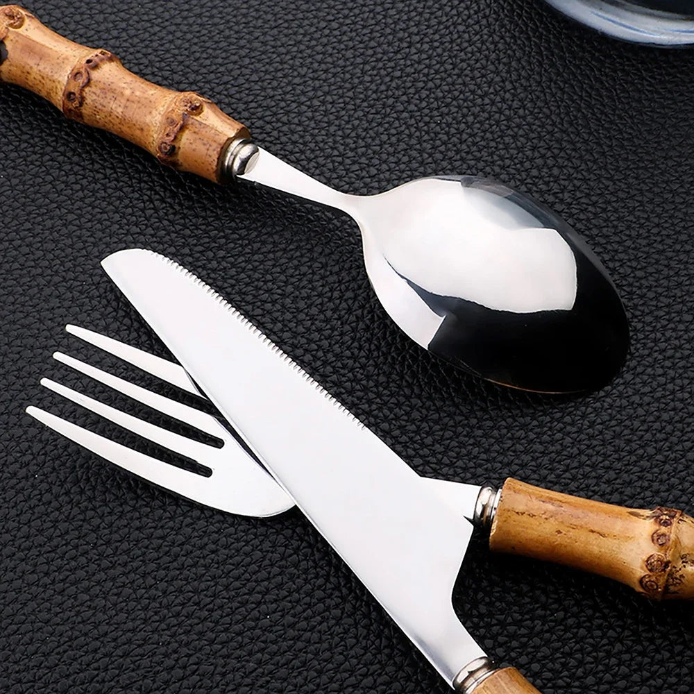 JANKNG Bamboo-Handle Flatware — 24 Pieces