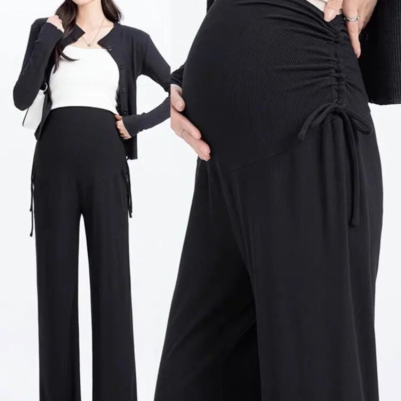 Maternity Trousers Spring and Autumn Outside Wear New Summer Petite Casual Drawstring Straight Wide Leg Trousers Maternity Wear Whispering Desires Shoppe