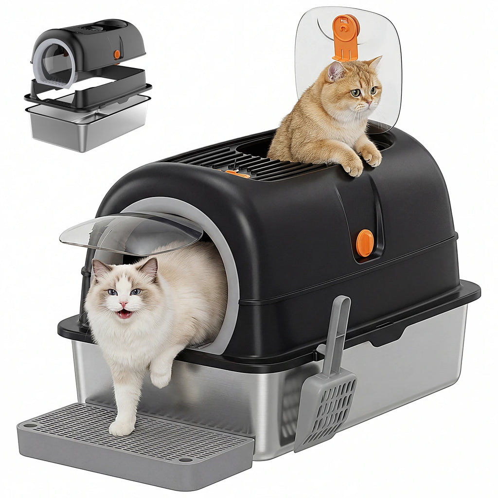 JHK 24IN Stainless Steel Cat Litter Box with Fully Enclosed 30L Large Cat Litter Box for Big Cats Cat Box Scoop and Mat Included Whispering Desires Shoppe