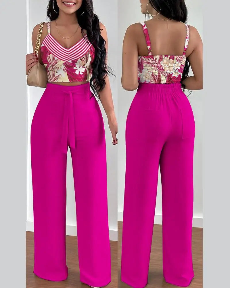 Women's Printed V-Neck Halter Top and Wide-Leg Pants Set