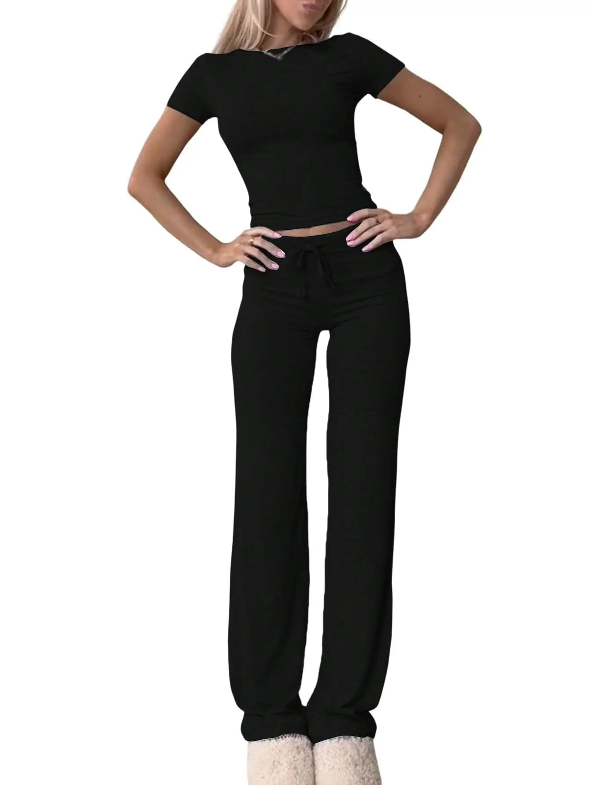 Solid Short-Sleeve Top & Pants Set
