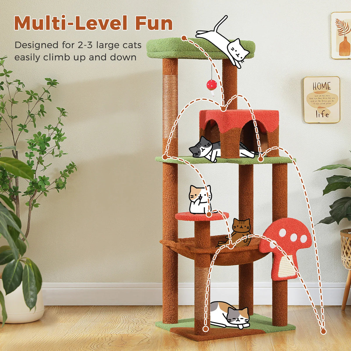 143cm Mushroom Cat Tree with Removable Scratcher