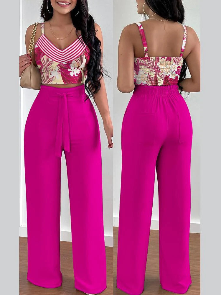 Women's Printed V-Neck Halter Top and Wide-Leg Pants Set