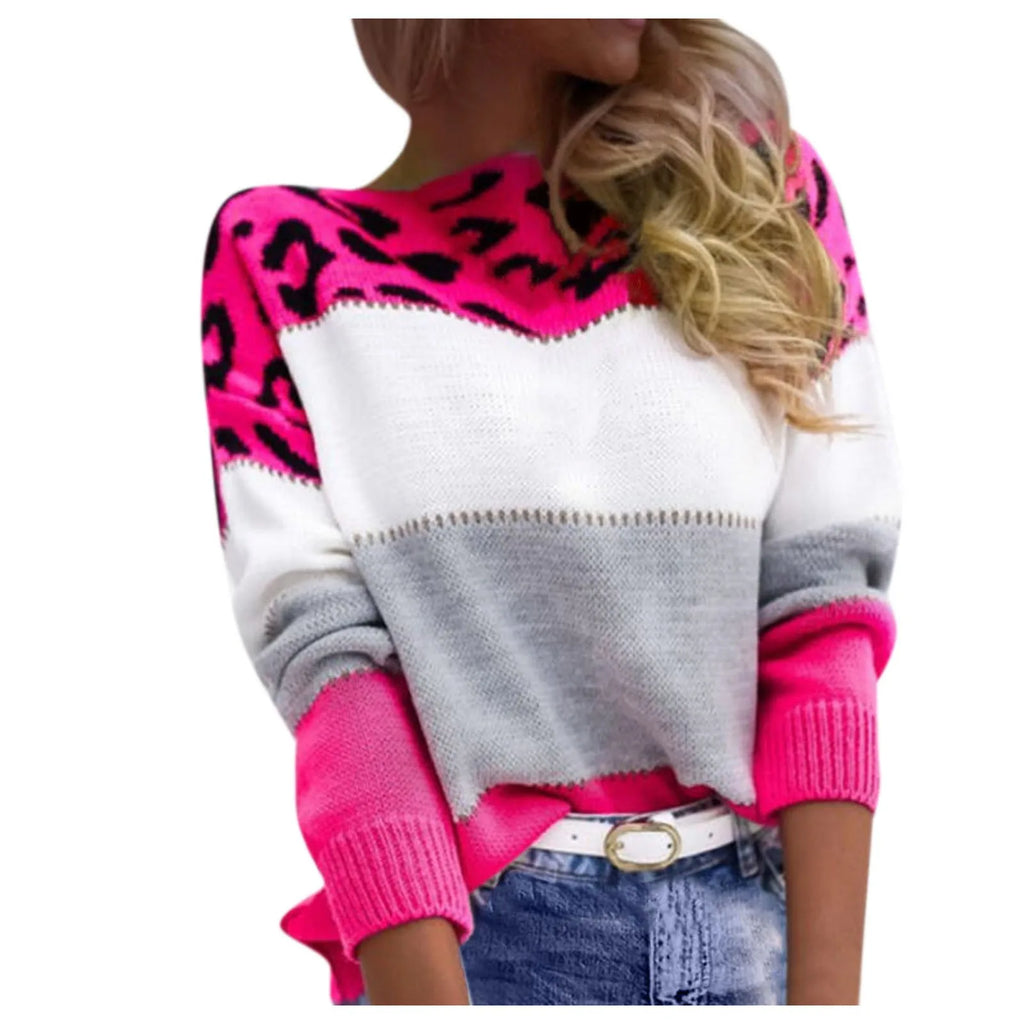 Women Sweaters Contrast Leopard Color Pullovers Loose Autumn Winter Long Sleeve Sweater Jumper Pull Femme Knitwear Oversized Dsers