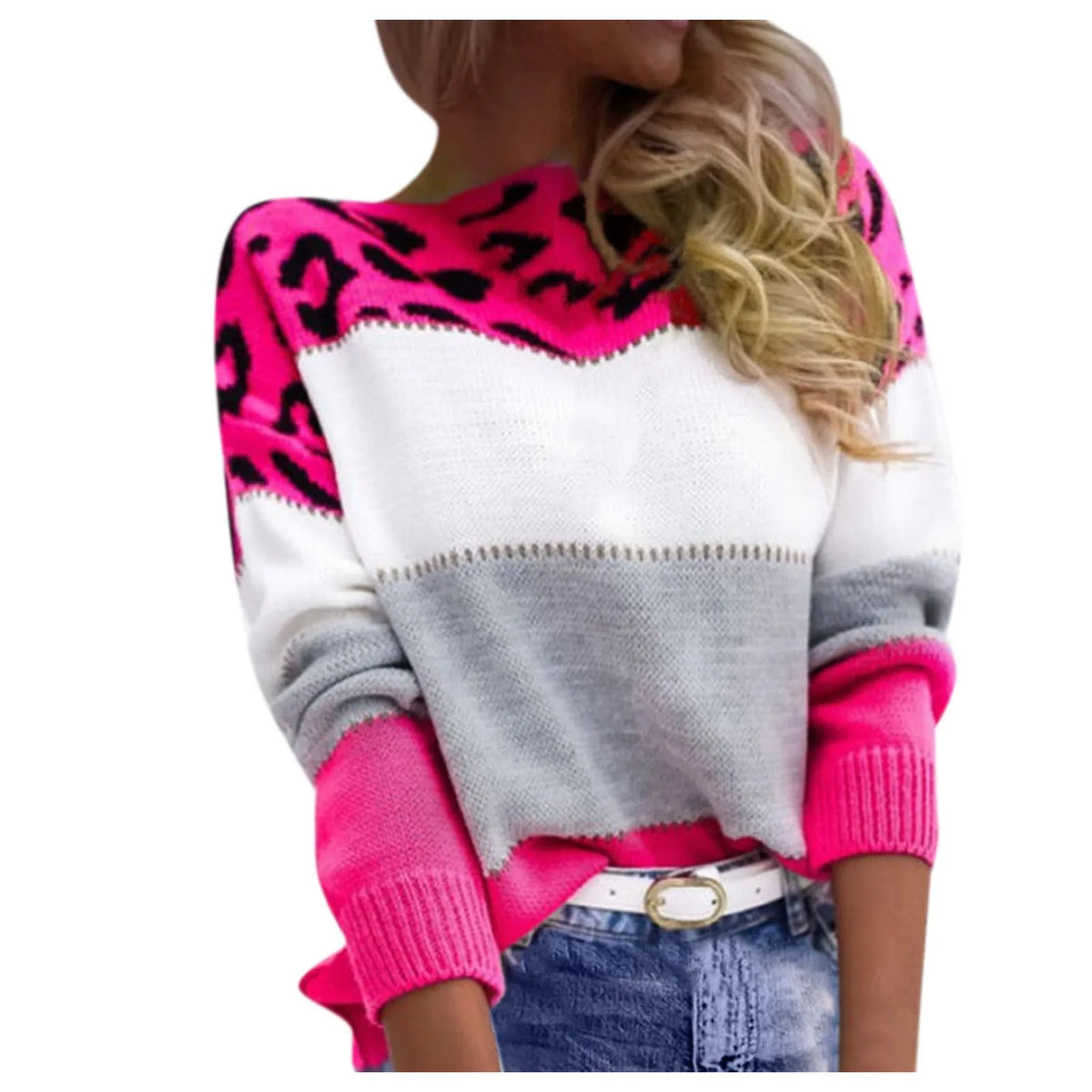 Women Sweaters Contrast Leopard Color Pullovers Loose Autumn Winter Long Sleeve Sweater Jumper Pull Femme Knitwear Oversized Dsers