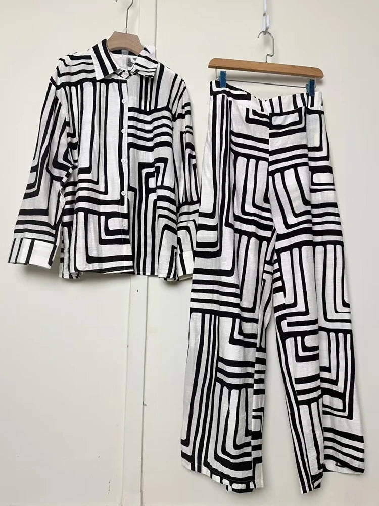 Women's Geometric Button-Up Shirt and Wide-Leg Pants Set