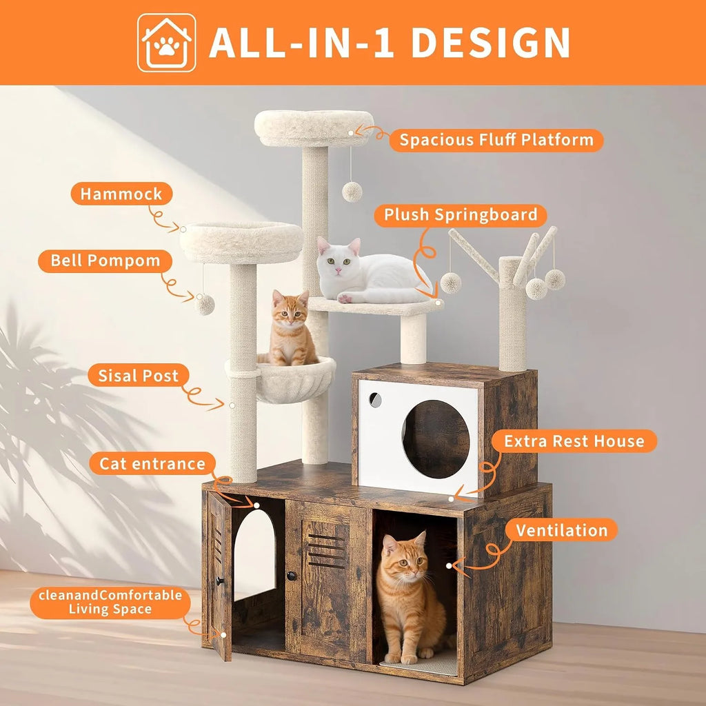 Cat Tower with Litter Box Enclosure, 2-in-1 Modern Cat Tree, 55.1-Inch Cat Condo with Scratching Posts, Hidden Litter Cabinet, Hammock & Perches, Engineered Wood, Indoor Use Whispering Desires Shoppe