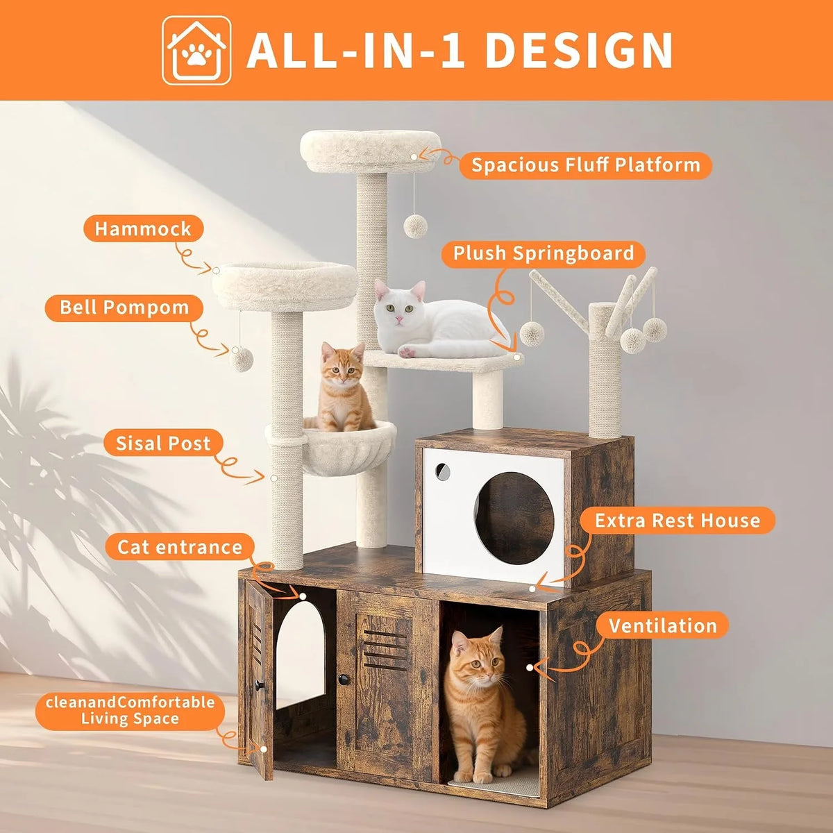 Cat Tower with Litter Box Enclosure, 2-in-1 Modern Cat Tree, 55.1-Inch Cat Condo with Scratching Posts, Hidden Litter Cabinet, Hammock & Perches, Engineered Wood, Indoor Use Whispering Desires Shoppe