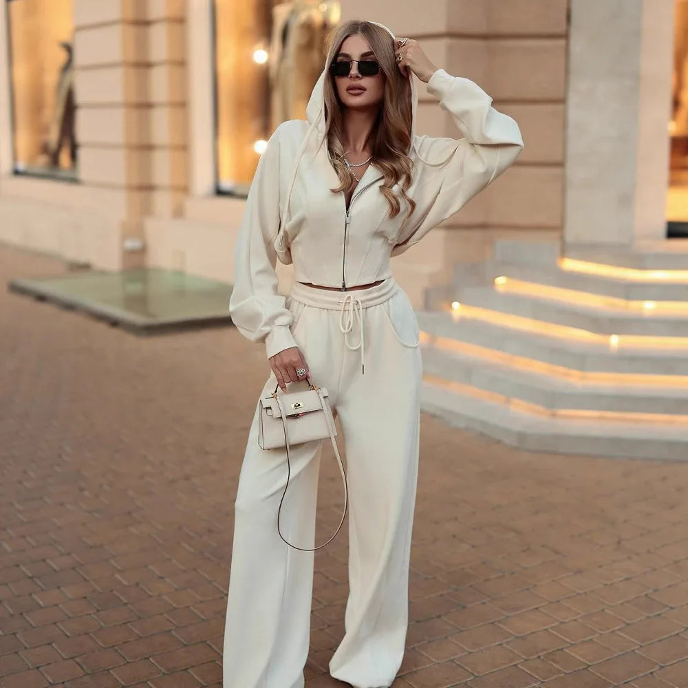 Women's Zip-Up Hooded Jacket and Wide-Leg Pants Set